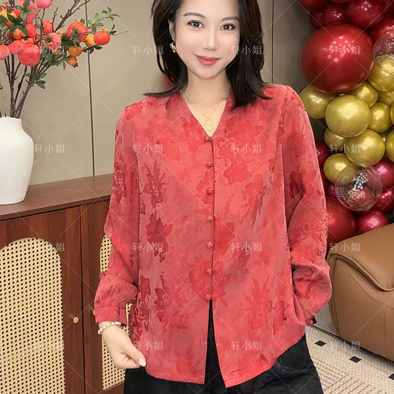 【轩小姐】新年V领时尚设计复古提花显瘦上衣新中式国风女装1202-1