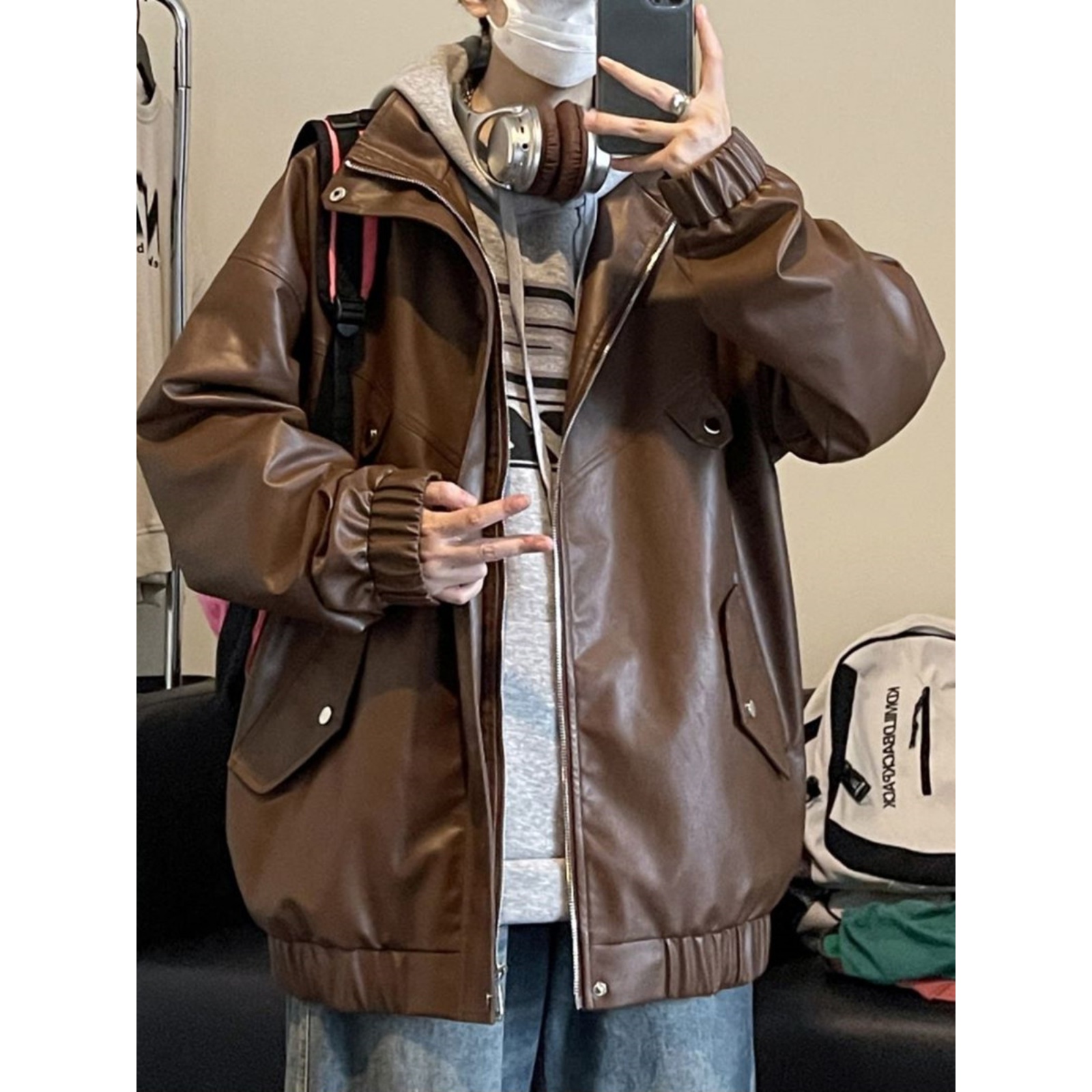 【许愿瓜】高街PU皮纯色翻领外套春秋休闲宽松帅气潮流炸街机车夹克