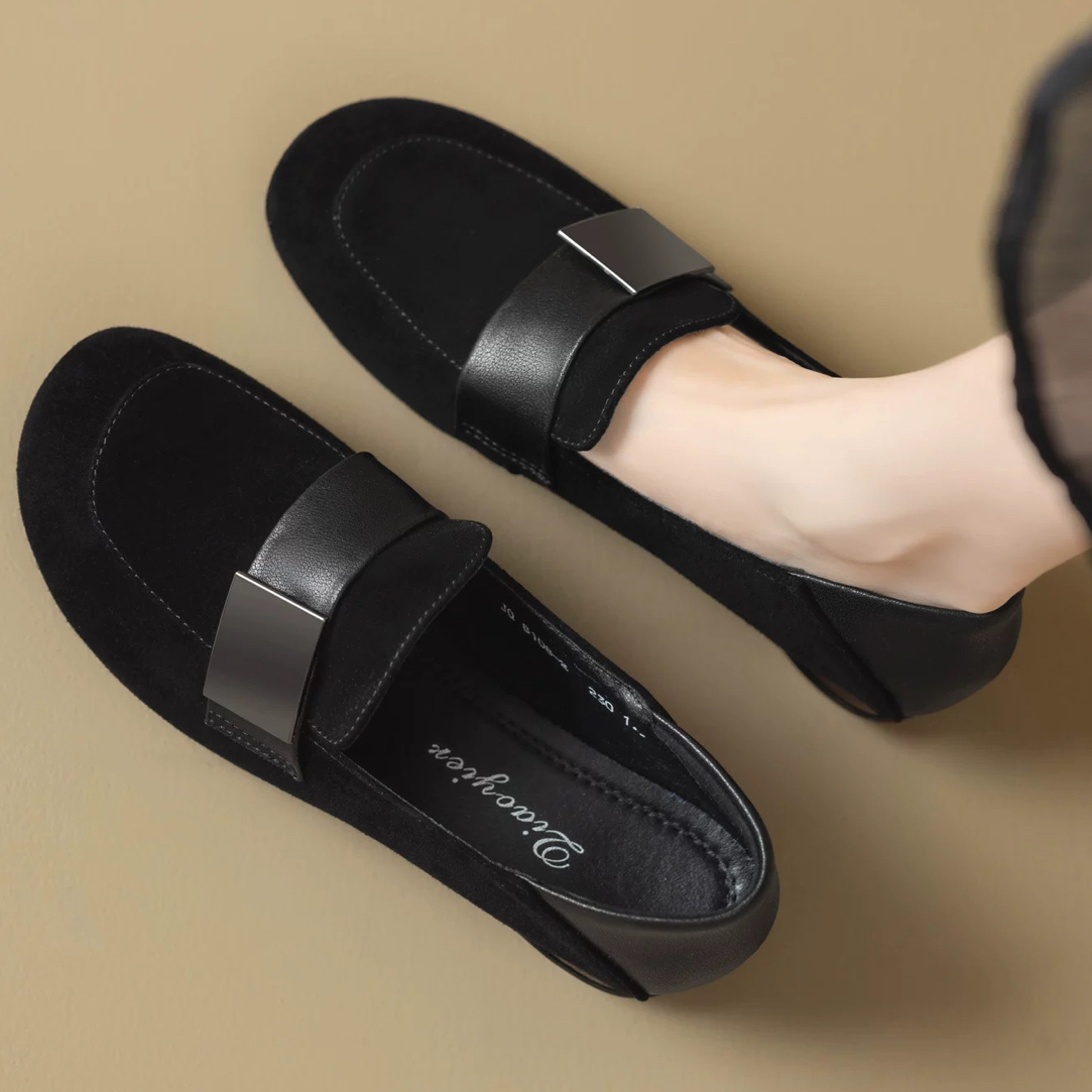 加大加肥黑色乐福鞋女x25真皮软底不累脚平底一脚蹬浅口豆豆鞋