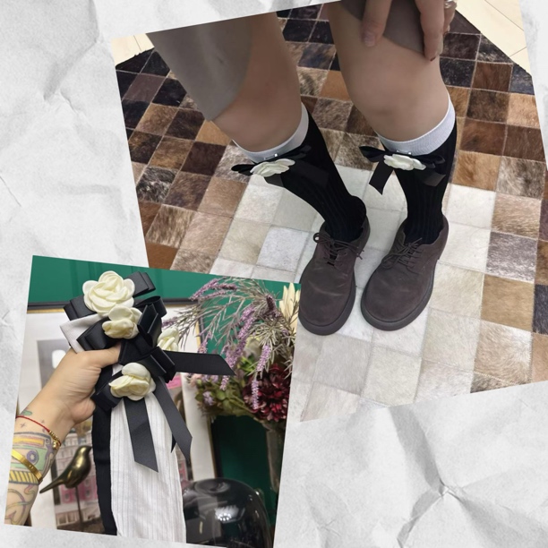 山楂花黑色蝴蝶结中筒袜日系小香风少女复古纯色长筒袜