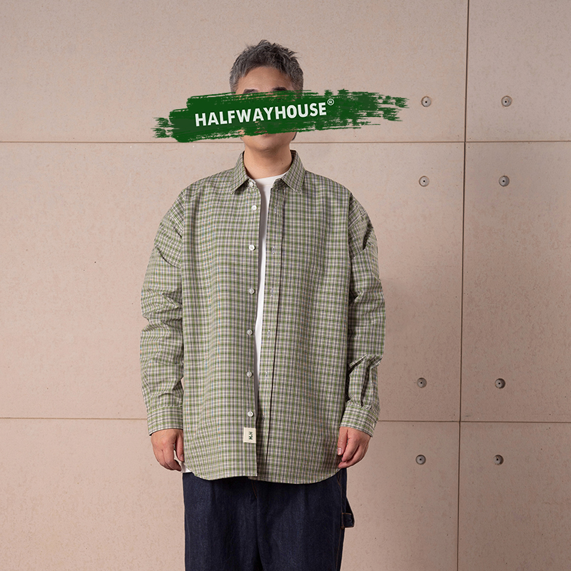 HalfwayHouse日系2025春季新款宽松休闲格子衬衫百搭落肩上衣男