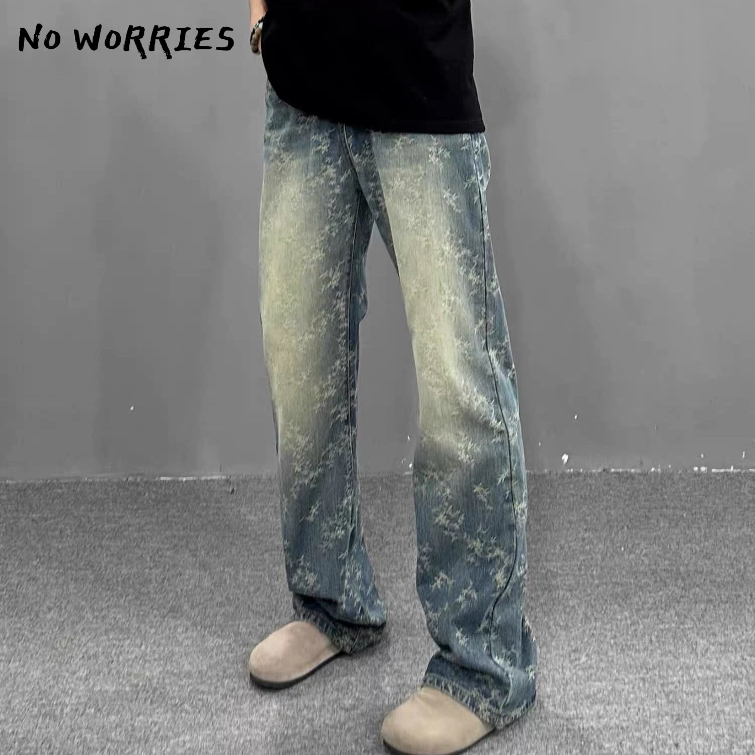 荆棘提花牛仔裤男士春秋美式高街裤男款水洗男士美式水洗阔腿直筒