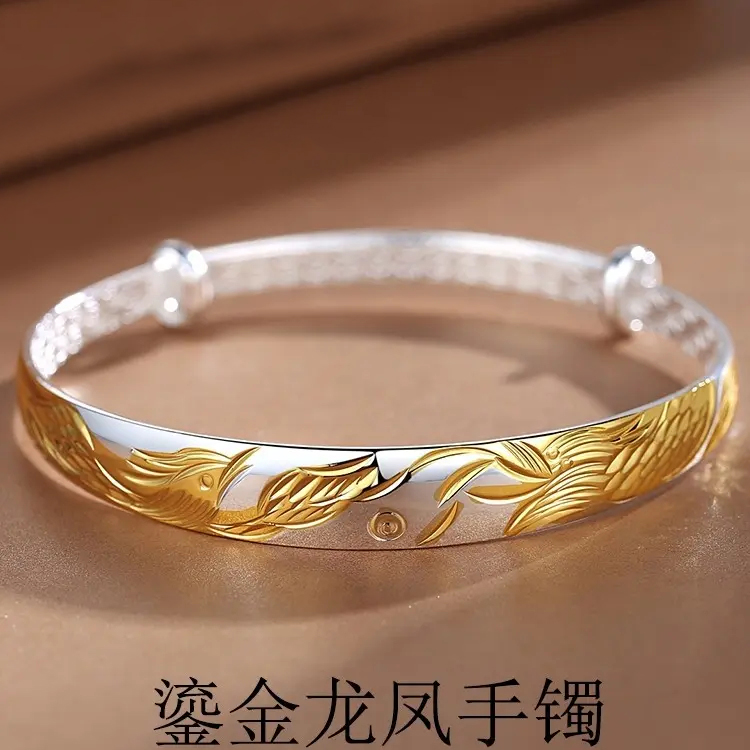 足银手镯999纯银手镯古法鎏金龙凤实心推拉镯子送妈妈母亲节礼物