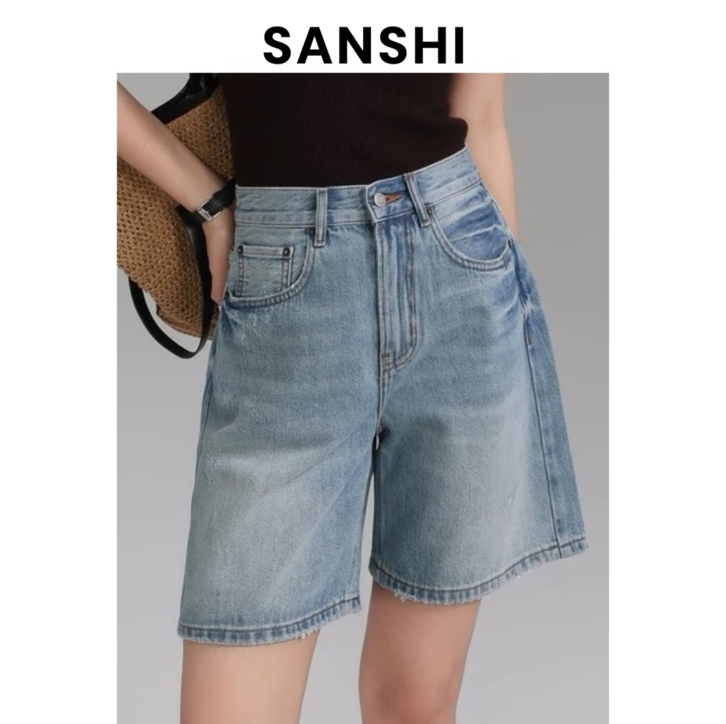 SANSHI【直筒牛仔短裤】夏季百搭浅色A版短款三分裤女高腰遮胯显瘦