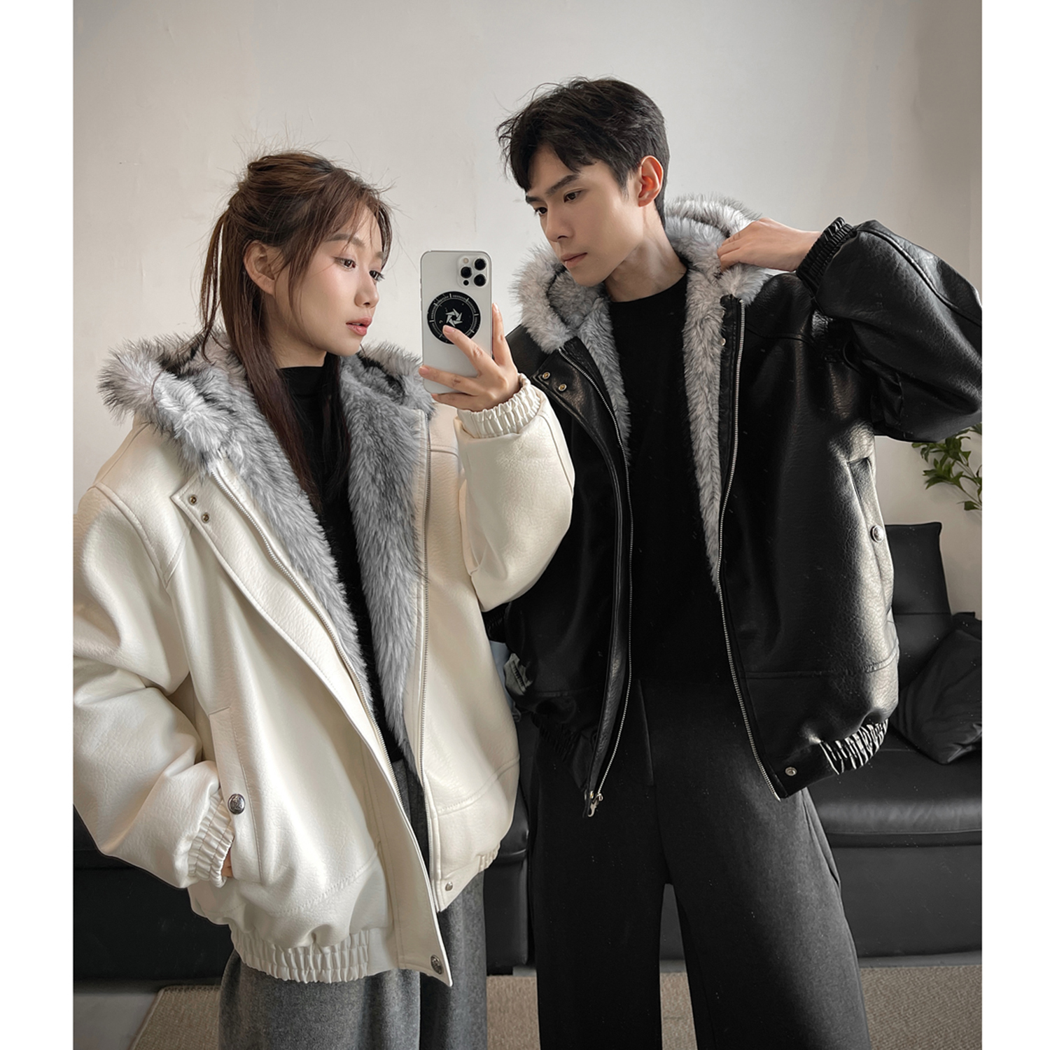 美式狼王座山雕荔枝纹pu皮棉服外套男女冬季加厚保暖痞帅棉衣夹克