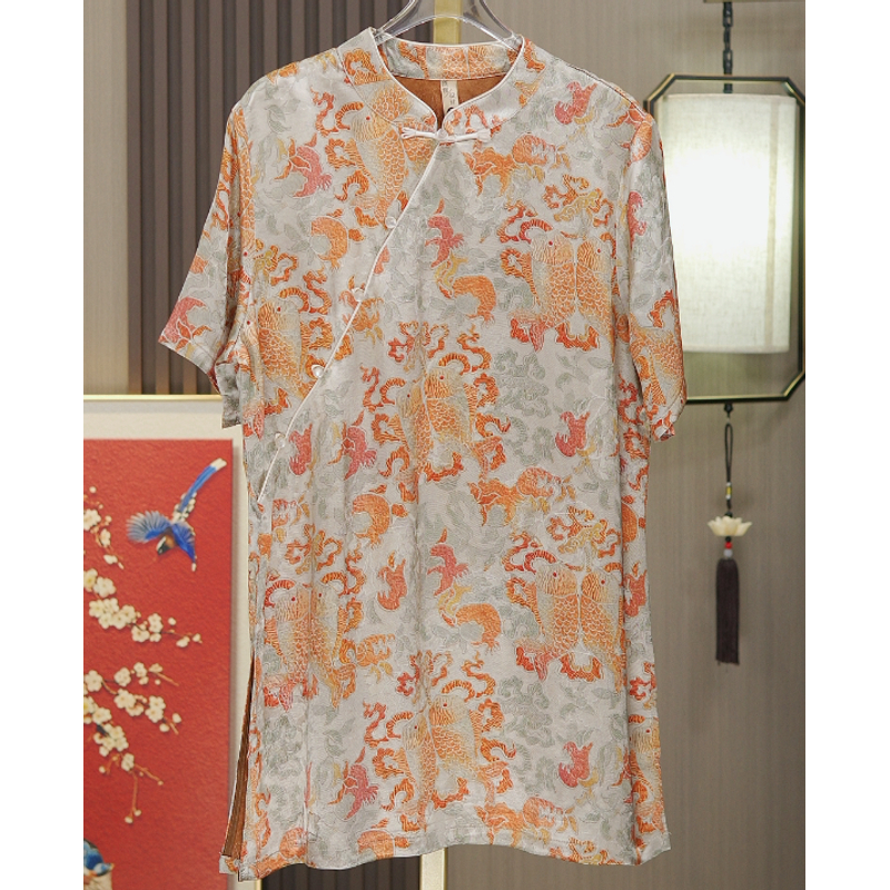 【奥黛-双鱼】新中式国风桑蚕丝短袖高级感上衣夏季新款薄款显瘦