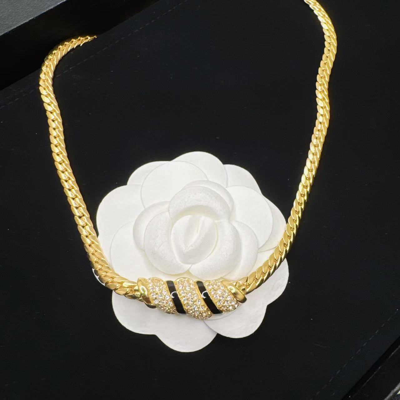 95新 DIOR/迪奥 柚礼中古/迪奥莱茵石黑金项链lf512030