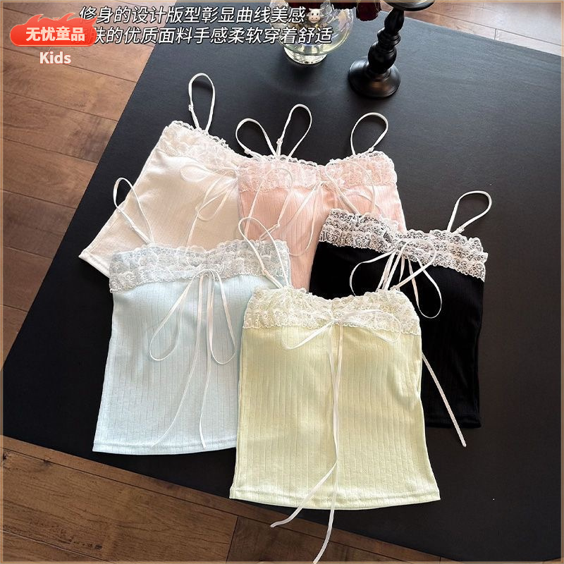 少女欲风蕾丝打底吊带背心蝴蝶结拼接带胸垫马卡龙色美背内衣