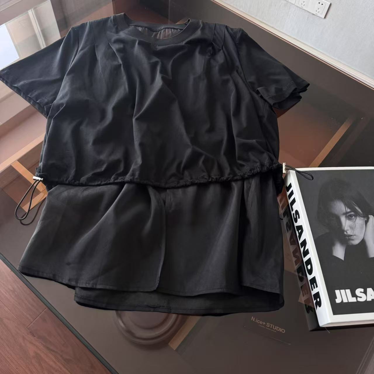 YUXI.2025夏季新款时尚圆领拼接抽绳短袖T恤女