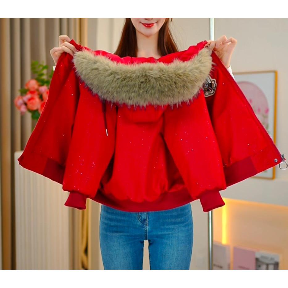 【佳琪妈】极寒系列女童红色小熊一件过冬连帽派克棉服外套-7180#