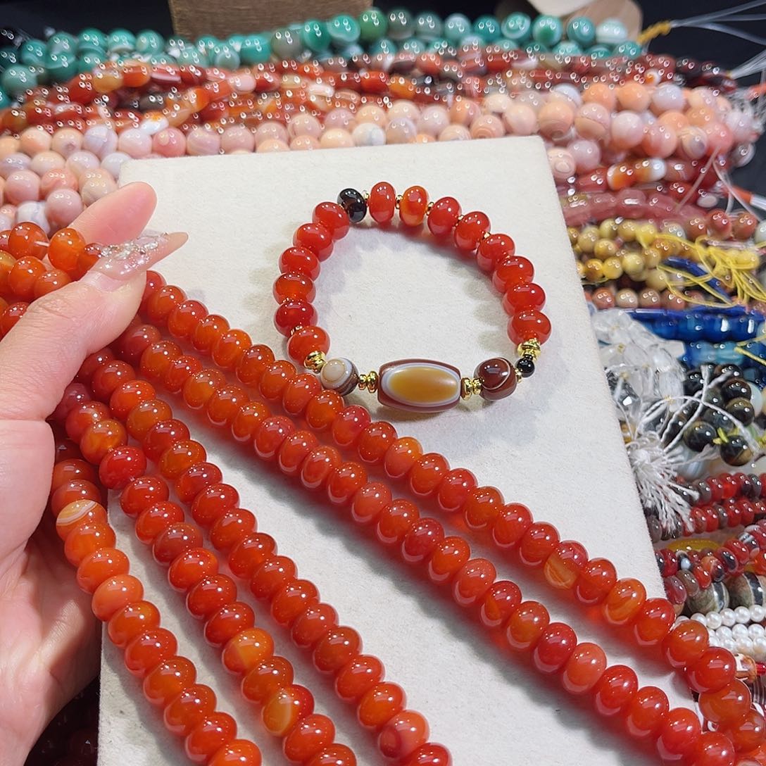 玛瑙/玉髓未镶嵌珠宝半成品12mm南红色红玛瑙算盘一条