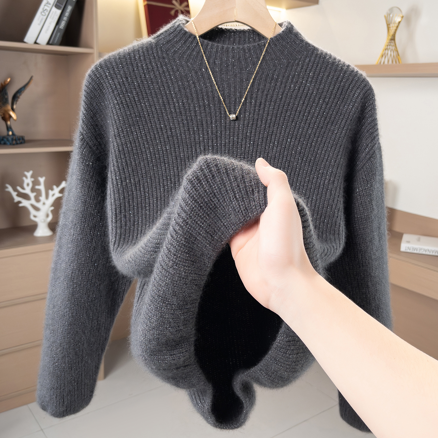 中高领  高智淡人风简约宽松慵懒外穿时尚气质百搭金丝长袖2502