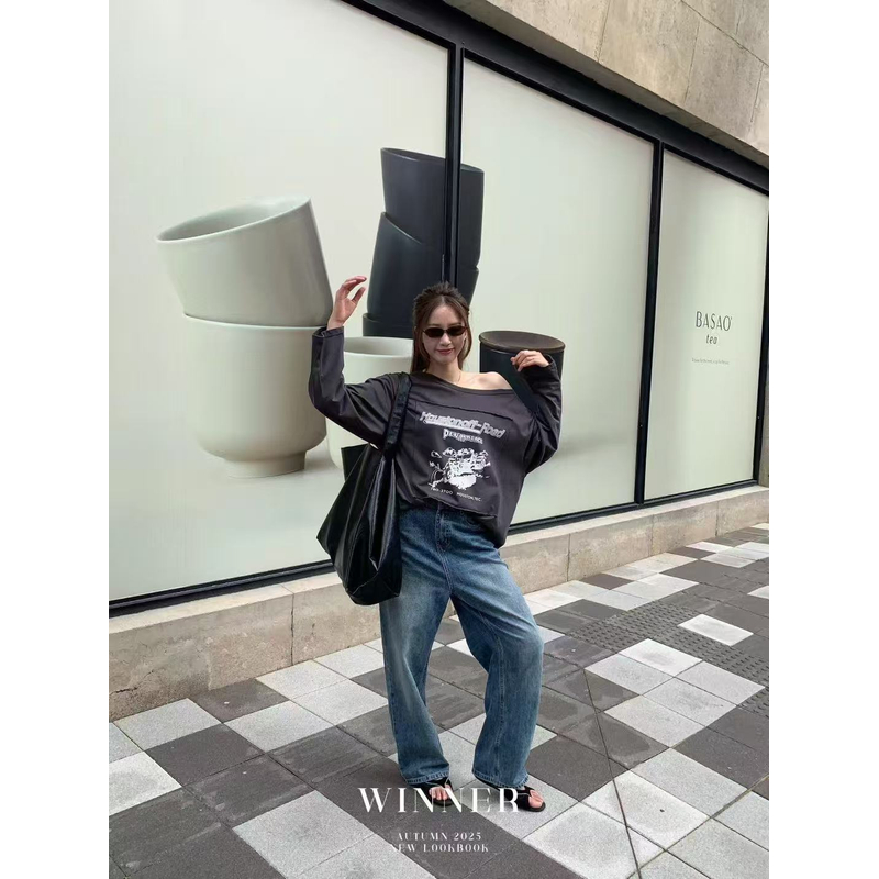 秋季韩系时尚ins潮长袖斜肩印花T恤W8021（福利款）