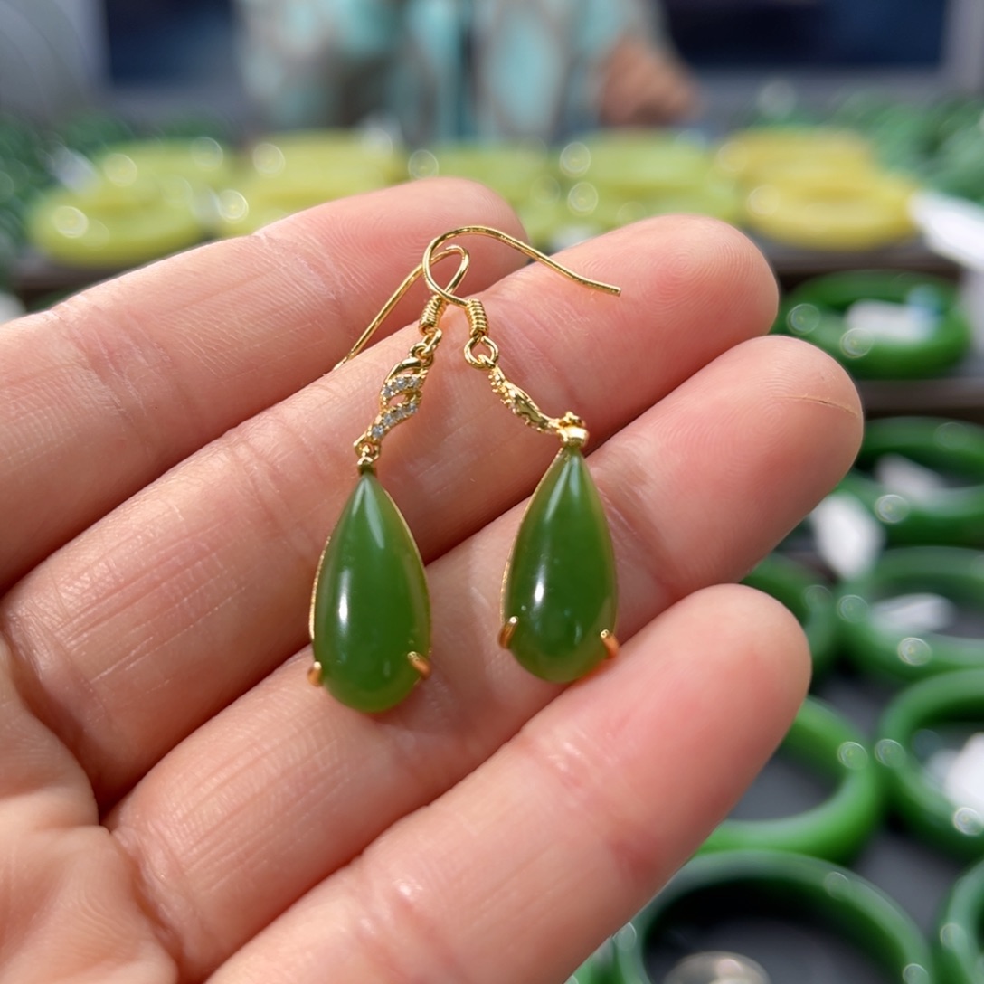 和田玉耳饰银S925镶嵌