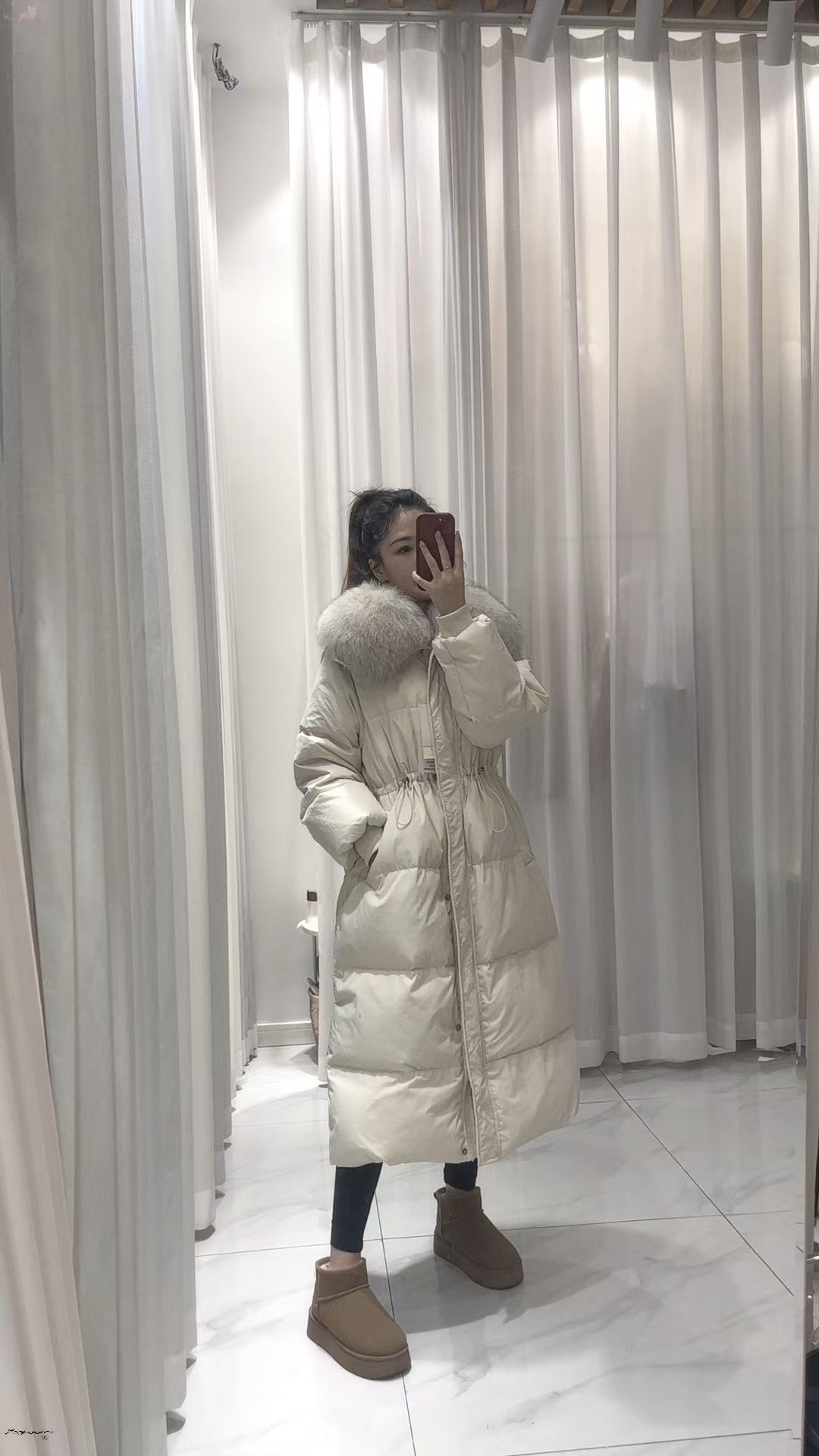 2025冬季女收腰长款大毛领加厚保暖白鸭绒羽绒服外套宽松韩版