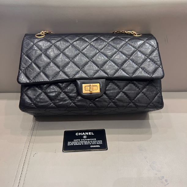 99新 Chanel/香奈儿 2.55黑金链条单肩斜挎包15开黑色菱格