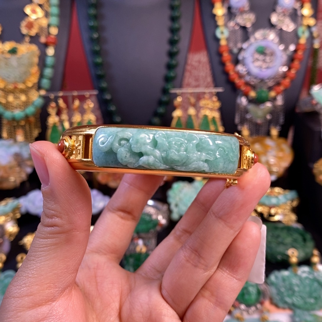 翡翠手镯银S925镀金镶嵌