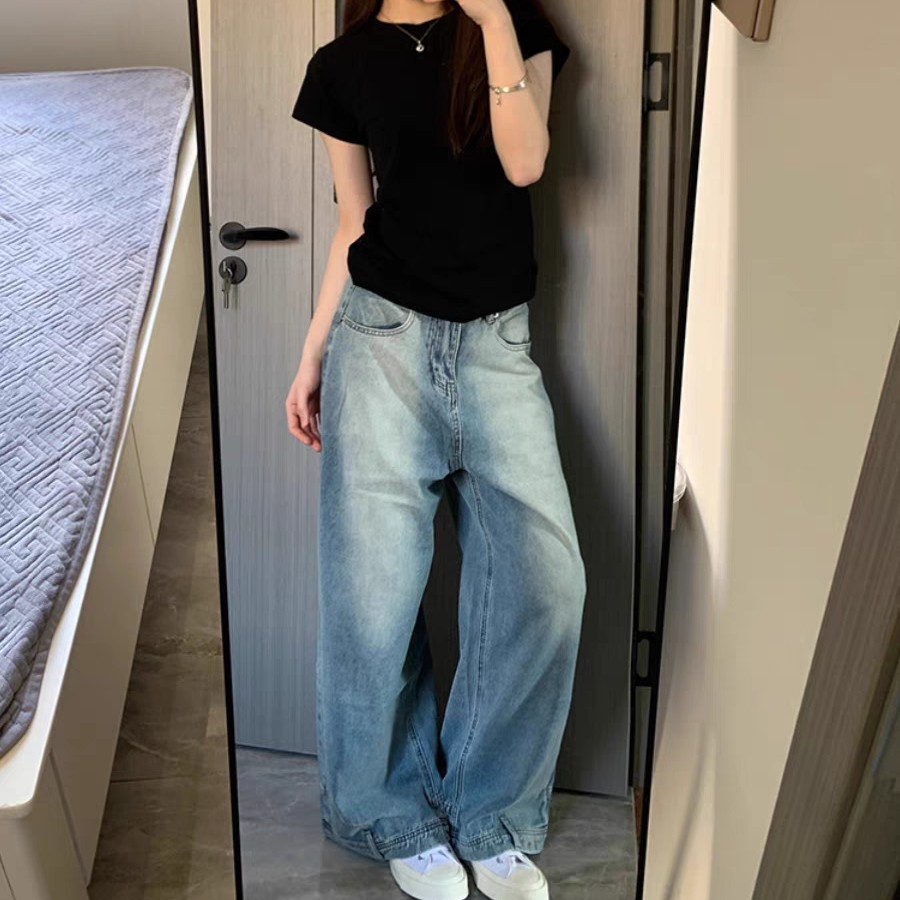 美式高街设计感倒穿牛仔裤复古高腰宽松阔腿反穿长裤