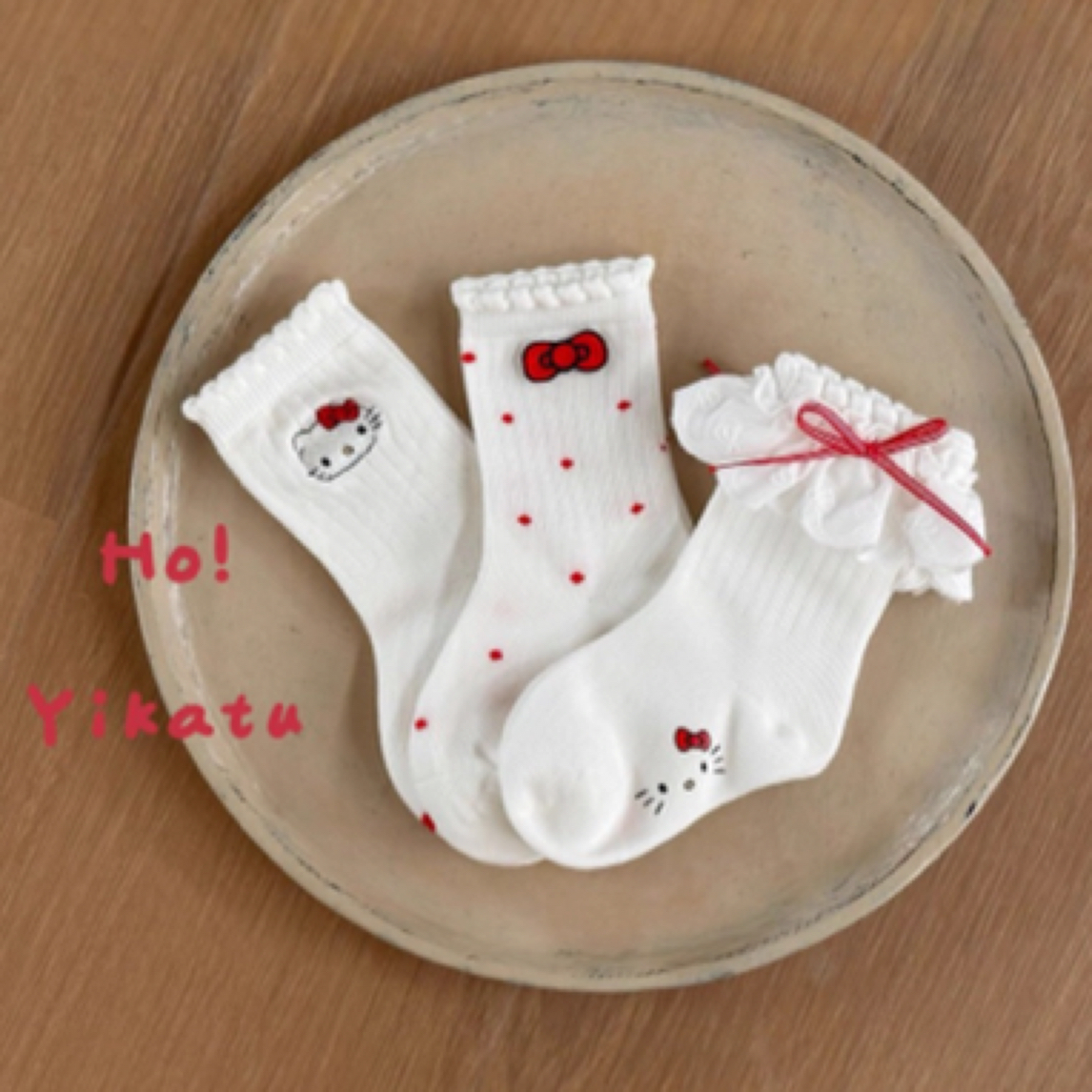 伊卡兔儿童袜子韩系kT猫红色喜庆可爱蝴蝶结袖标公主刺绣学生8148