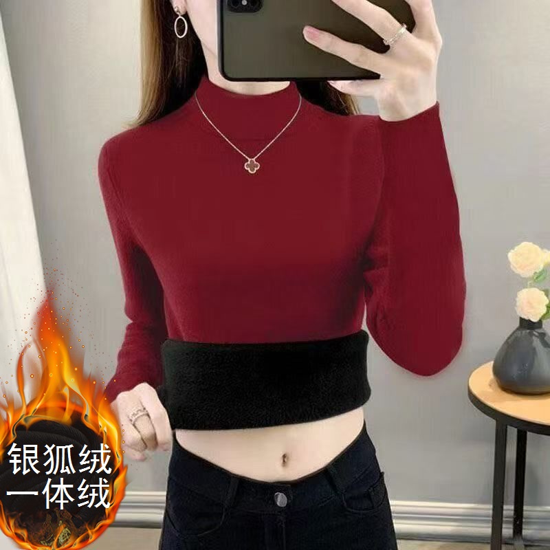 银狐绒德绒加绒打底衫女冬季半高领长袖T恤女士修身加厚保暖上衣