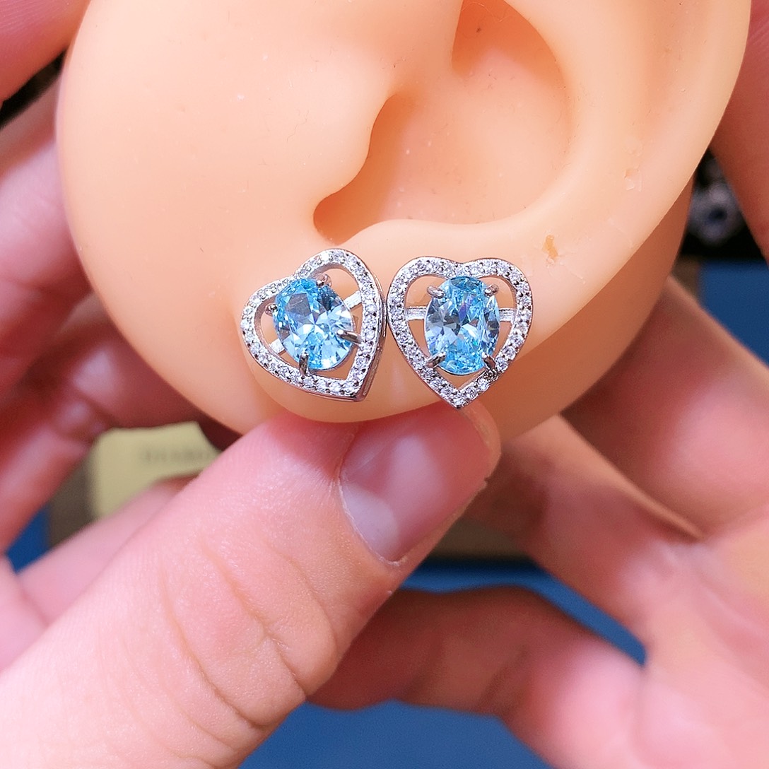 海蓝宝石耳钉银S925镶嵌