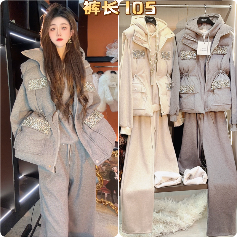 【青柠雨巷】63672重工棉马甲+套头卫衣+阔腿裤三件套