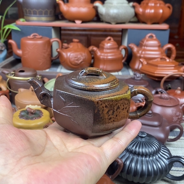 紫砂茶壶六方竹节180CC原矿老紫泥柴烧特价