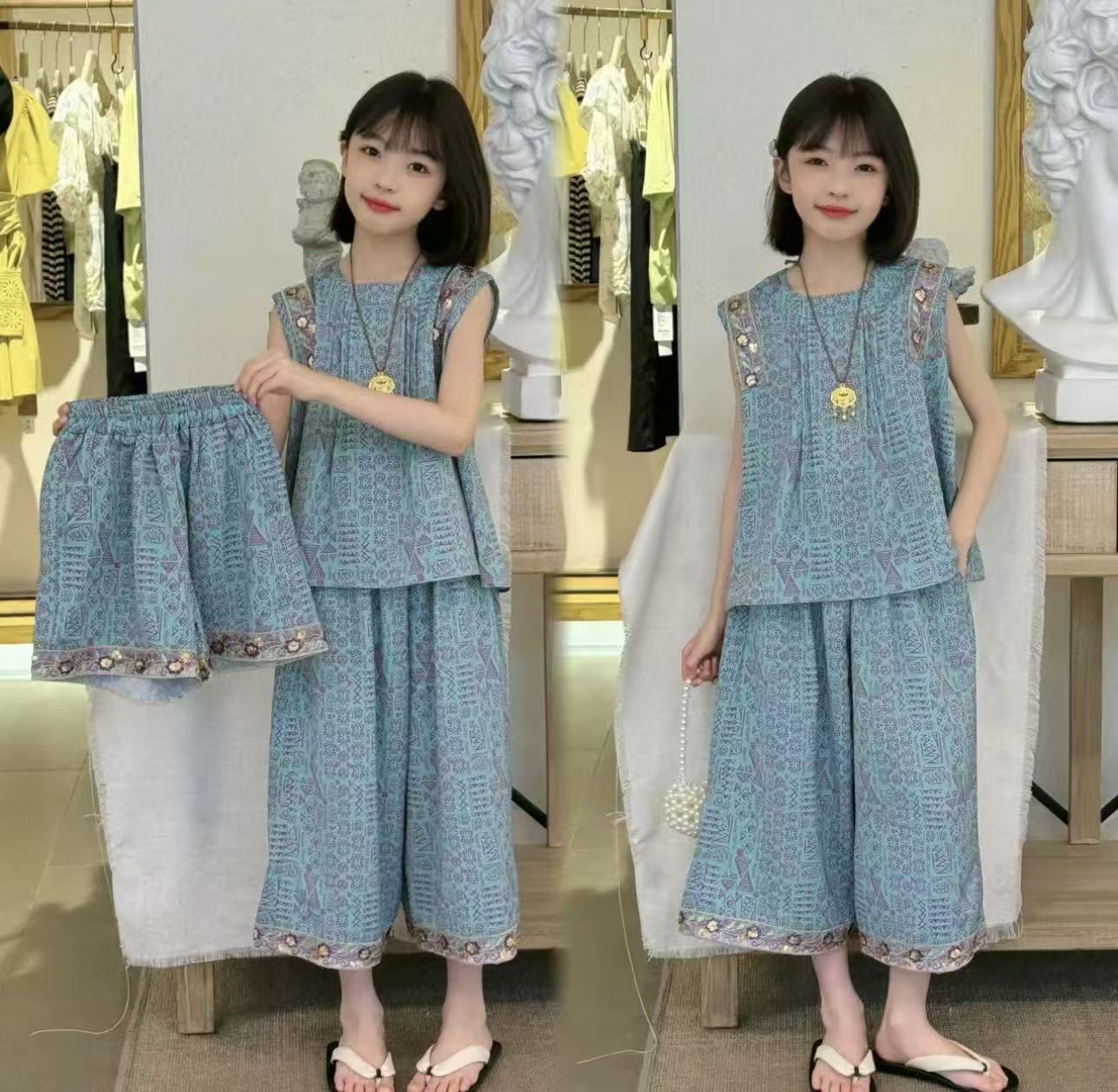 女薄款民族风夏季女童中国风套装民族风减龄夏装三件套休闲风