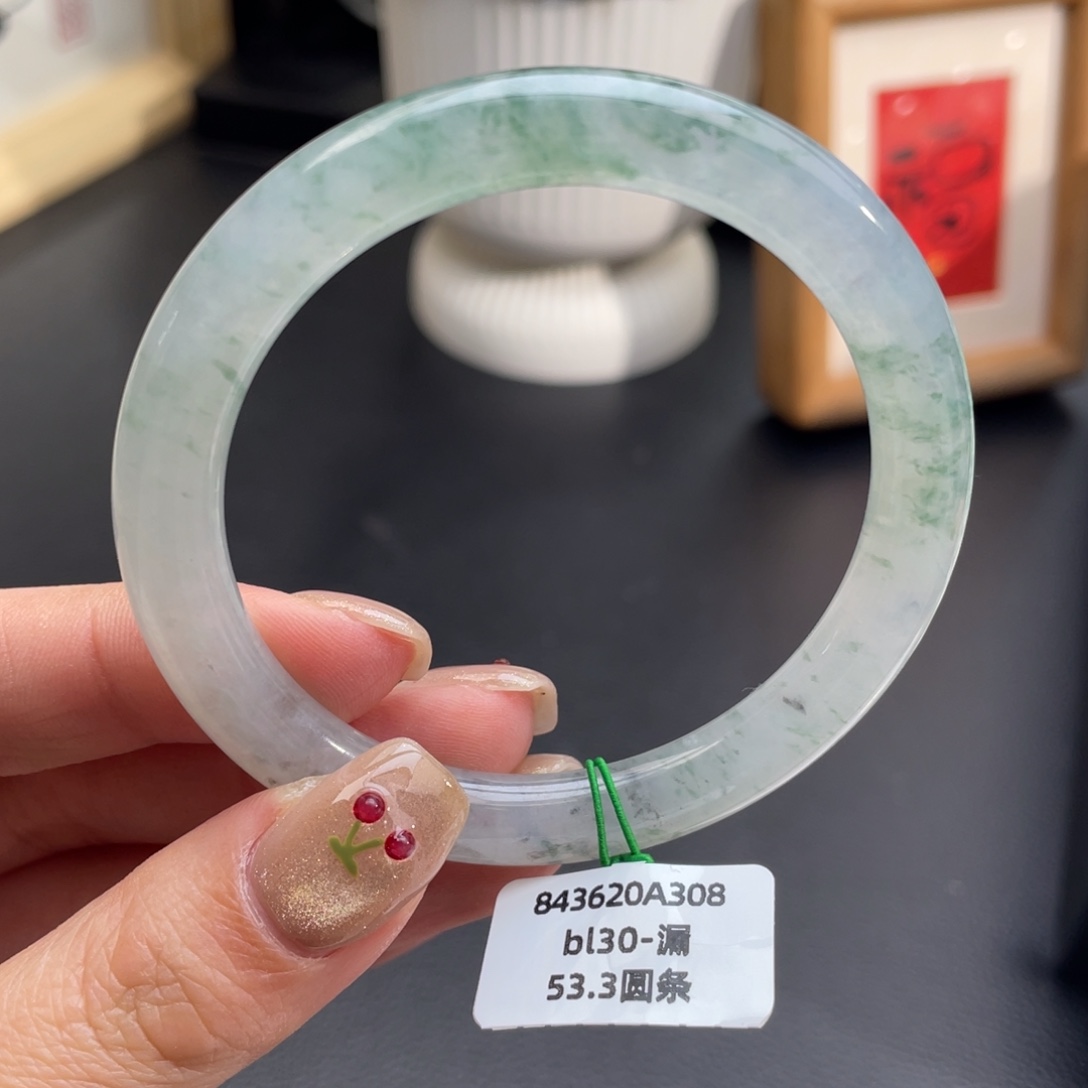 翡翠未镶嵌手镯美人条53.3冰飘花 完整度高