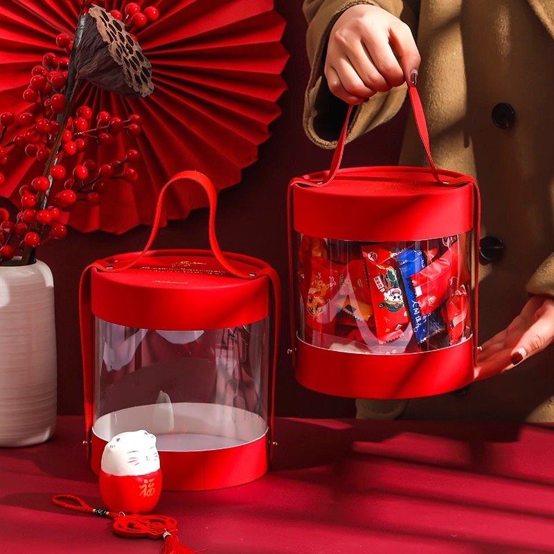 新年抱抱桶透明红色手提高档装饰礼盒包装盒子