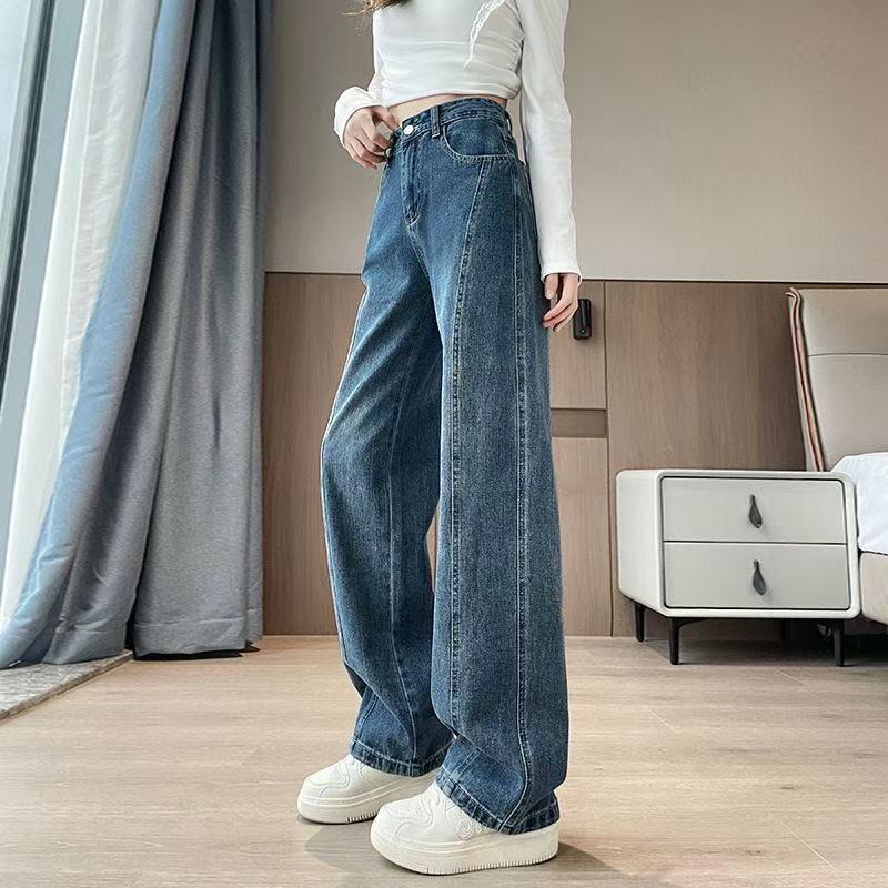 (微瑕疵随机发出)水洗复古美式牛仔裤女秋冬宽松显瘦高腰拖地长裤