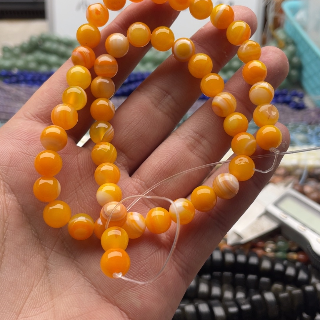 玛瑙/玉髓合金珠宝半成品一条装卡8mm蜜腊黄缠丝玛瑙圆珠