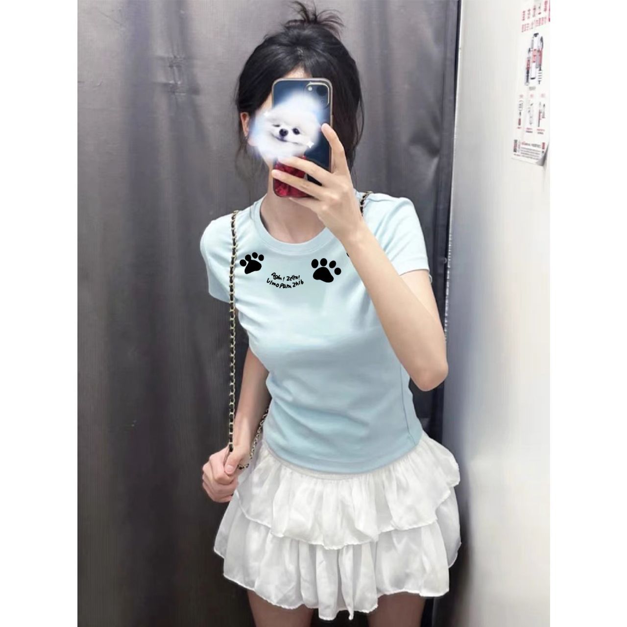 新款韩系夏季正肩圆领短袖t恤修身设计感甜美ins风气质显瘦上衣女