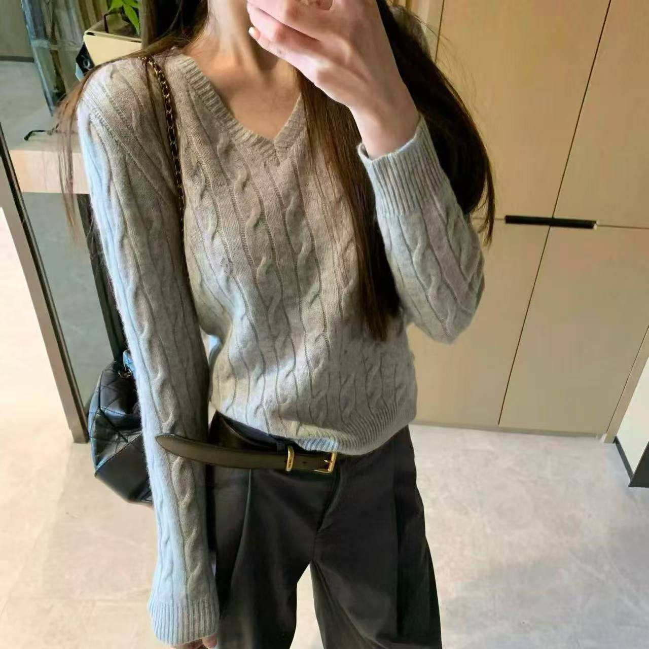 V领针织衫纯棉长袖