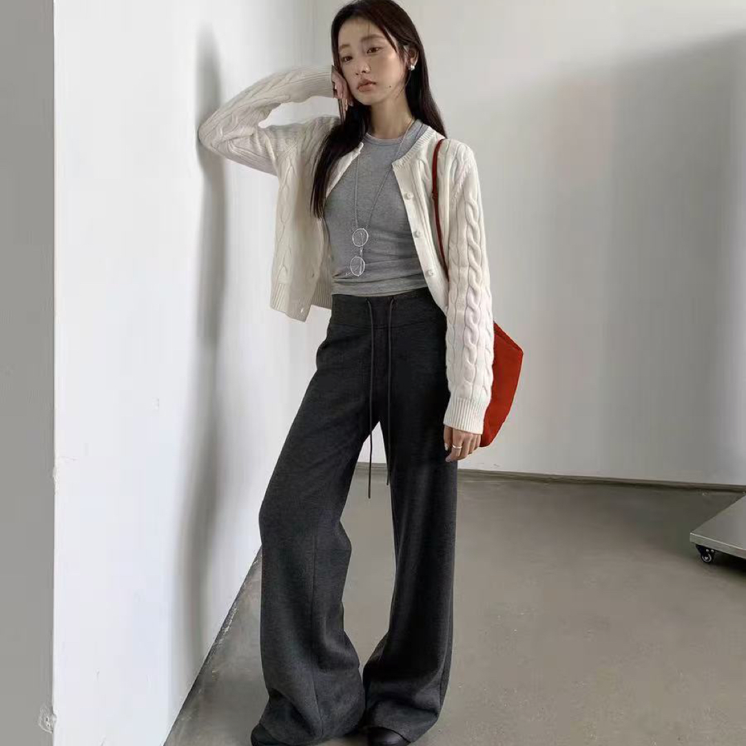 绵羊毛松紧腰微喇休闲裤女2025秋冬爆款抽绳垂感拖地阔腿裤