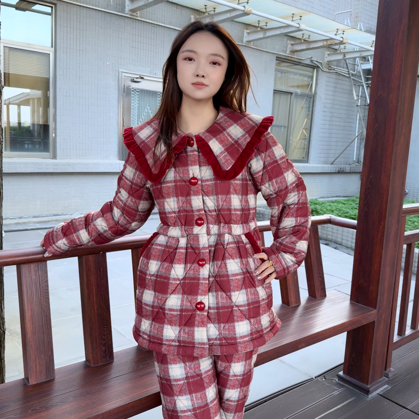 【红格子】2025新款三层加绒加厚冬季睡衣女士