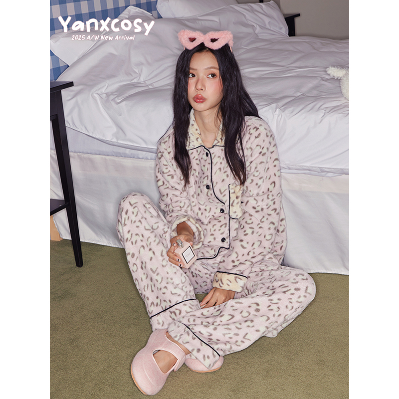 沿享2025秋冬新款珊瑚绒豹纹甜美睡衣套装可外穿保暖柔软厚家居服
