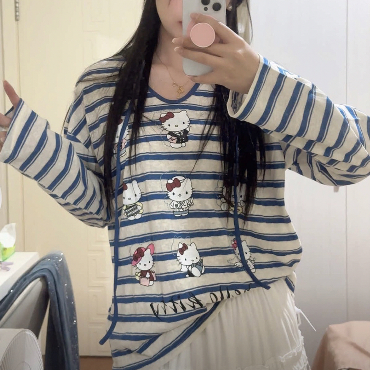 2025秋季新款宽松百搭前后两穿kt猫趣味条纹长袖T恤女
