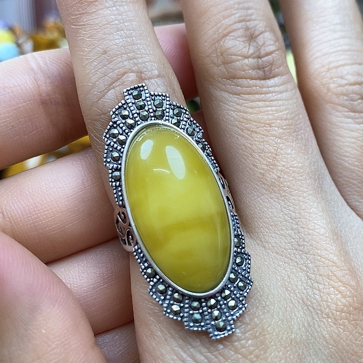 琥珀戒指银S925镶嵌戒指