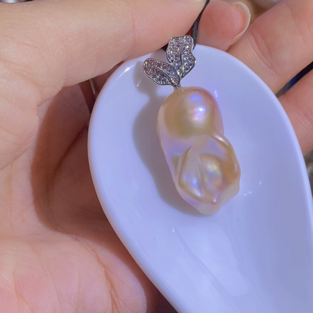 银S925镶嵌淡水珍珠天然珍珠无染色，无优化