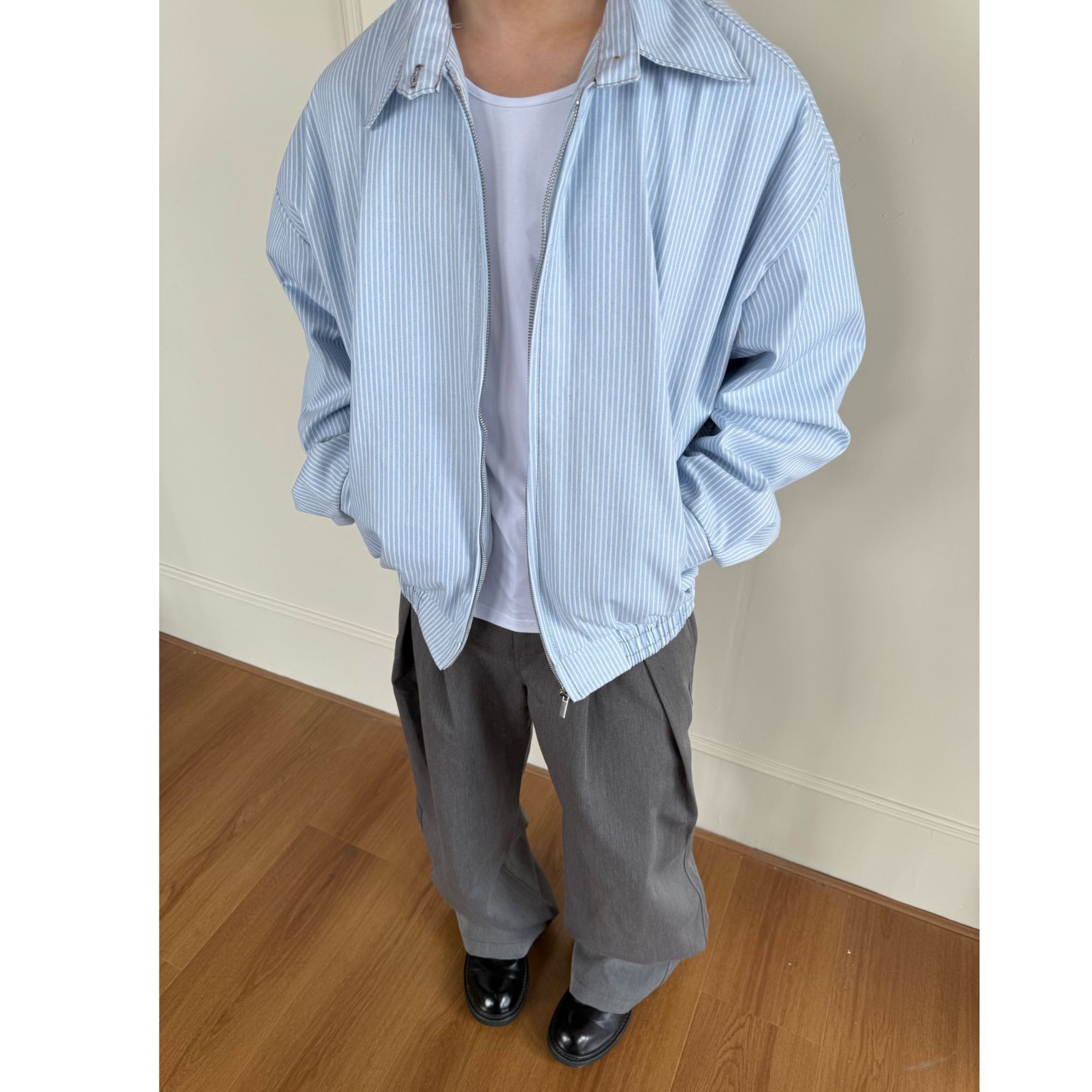 miu系蓝白条纹衬衫男春秋松弛感欧若风穿搭外套休闲工字褶西裤