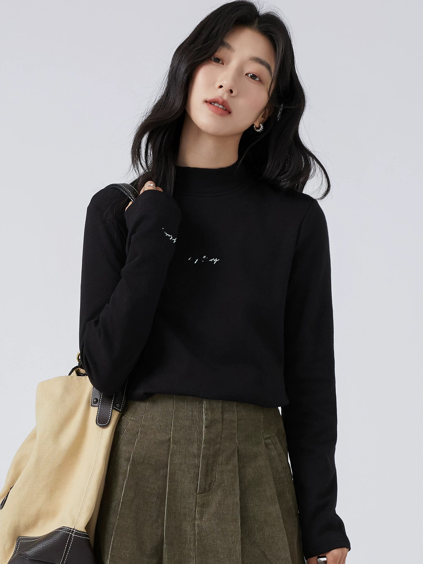 秋冬女士内里抓毛一字高领修身打底衫百搭保暖长袖上衣3053