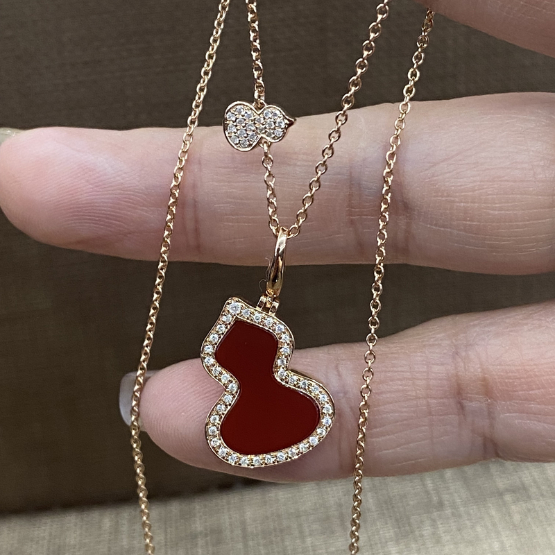18K金中号红葫芦套链项链玫瑰金色满镶真钻葫芦长度40调节45CM