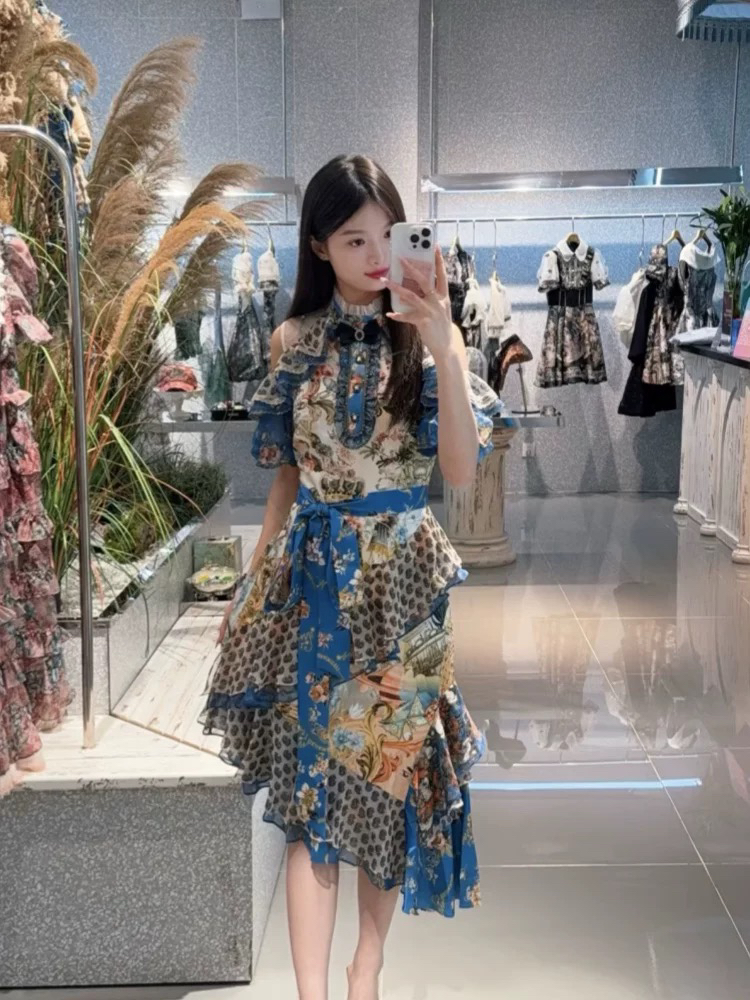 花颜露露夏季新款西西里复古浪漫不规则连衣裙