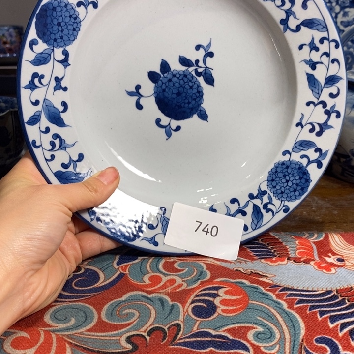 青花瓷景德镇手绘绣球花缠枝莲草帽盘