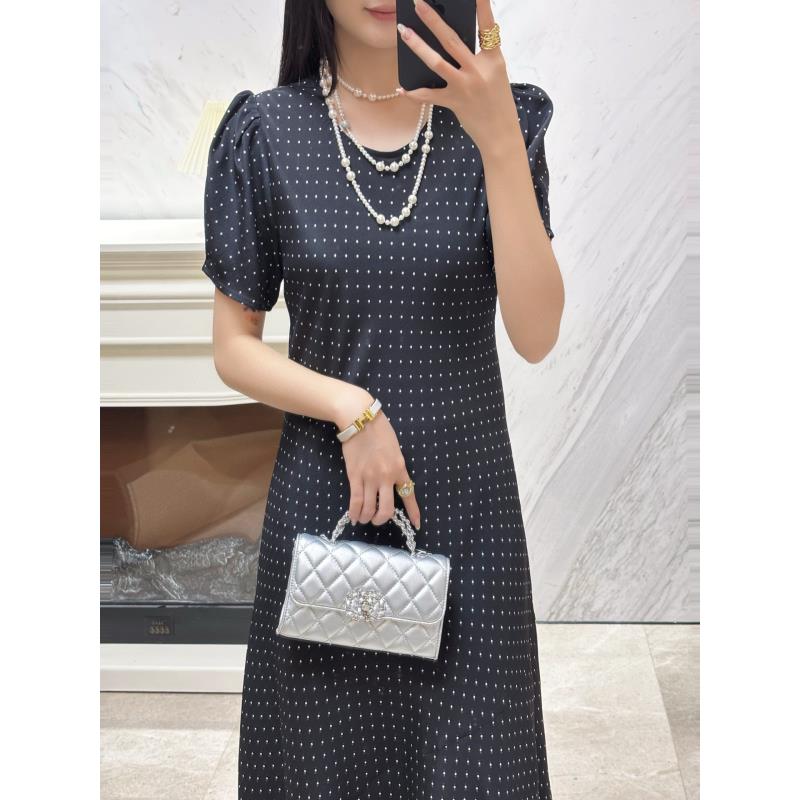 商场同款高端欧货桑蚕丝真丝03双绉圆领斜裁泡泡短袖连衣裙中长裙