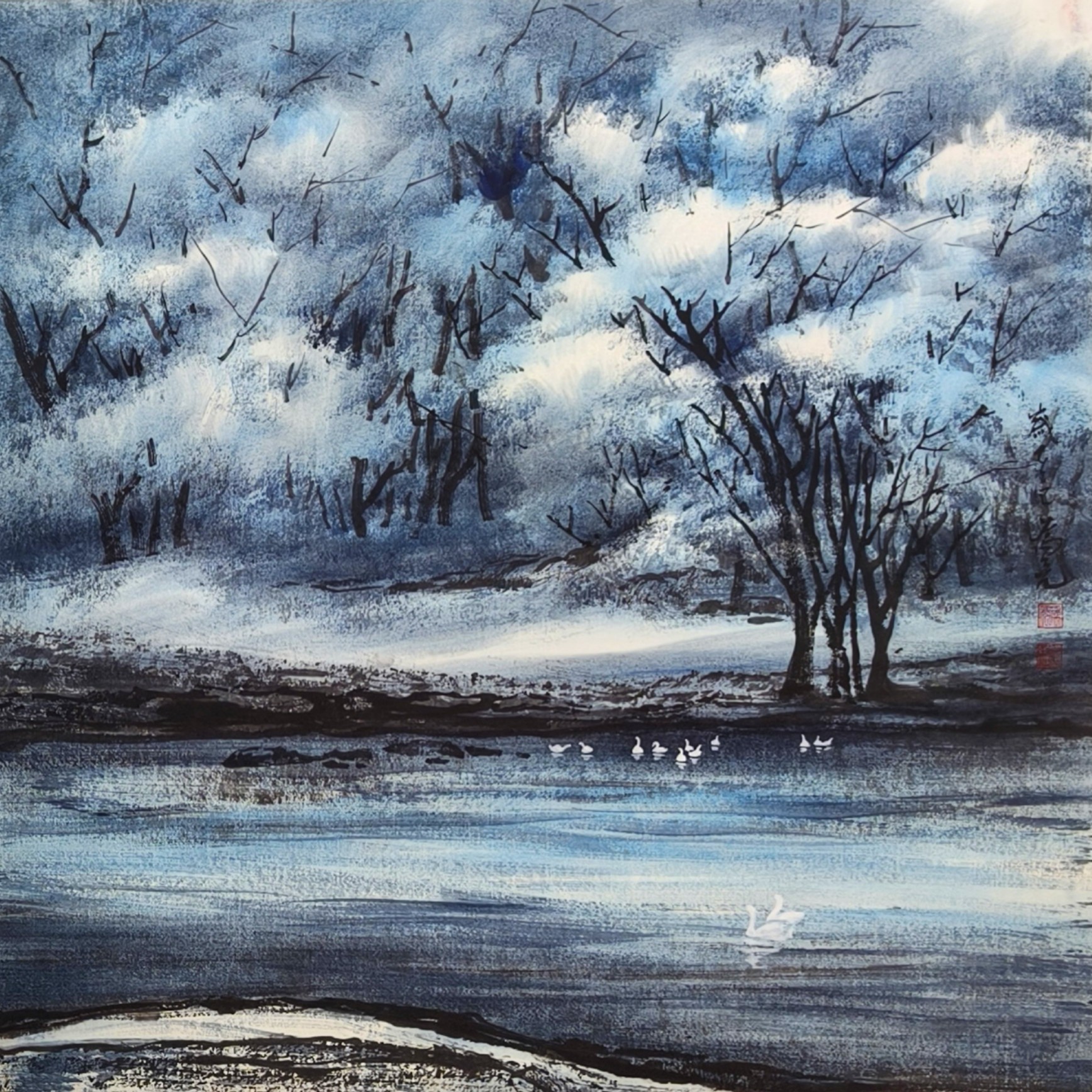 为亮（姚斌）梦之蓝系列作品《翠岭烟岚、松雾幽隐、林溪天鹅、青霭晴》