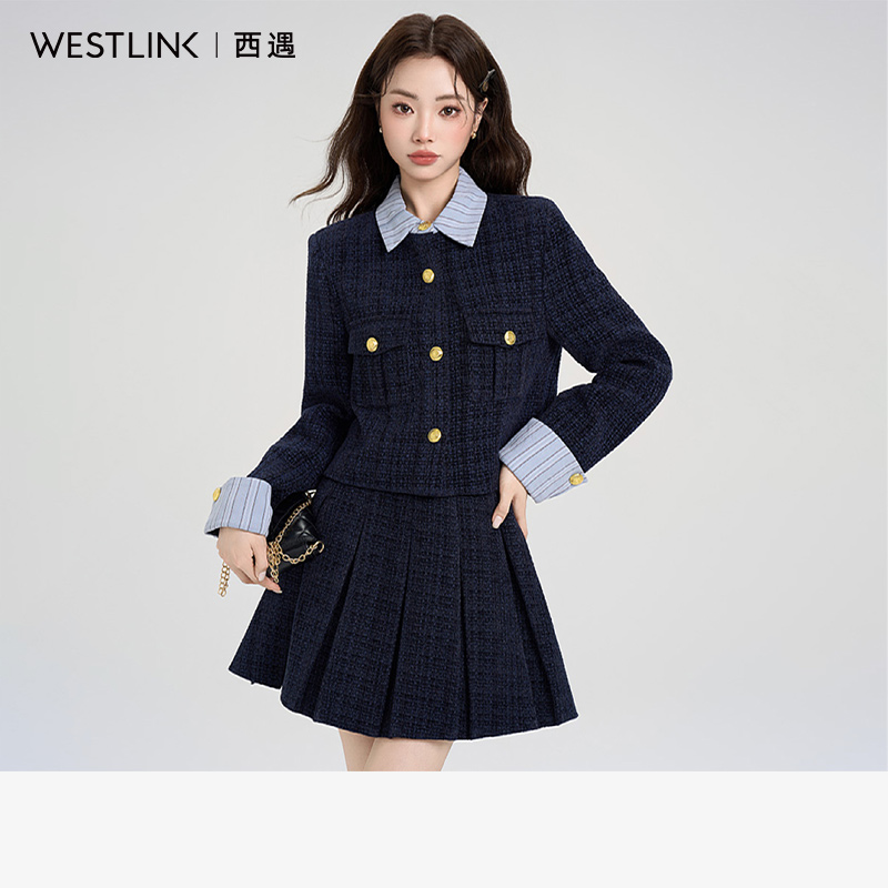 西遇小香风套装裙女2025年秋季新款条纹拼接撞色短款外套两件套