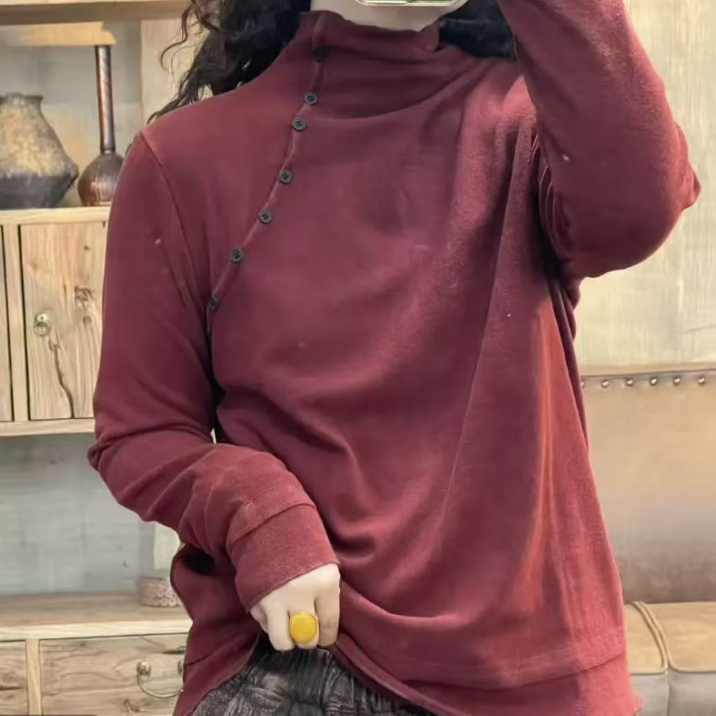 25 8665 秋冬季新品打底衫休闲百搭半高领扣子女上衣 胸围100长61