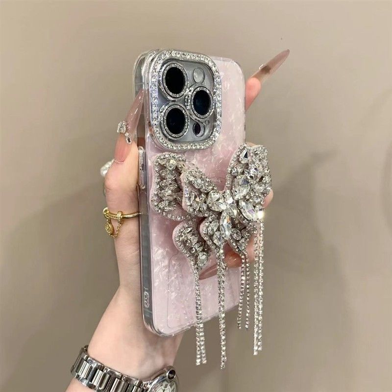 轻奢闪钻爱心蝴蝶支架适用苹果16ProMax手机壳iPhone15pro贝壳纹